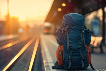 Close up travel backpack standing on the railway station. Travelling concept.