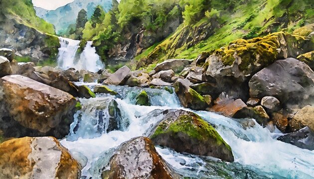 watercolor mountain landscape mountain stream stones covered with moss water cascade waterfall digital painting watercolor drawing