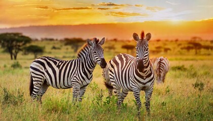 zebras in the african savanna at sunset serengeti national park tanzania africa banner format - obrazy, fototapety, plakaty