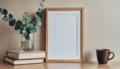 empty wooden picture frame poster mockup hanging on beige wall background vase with green...