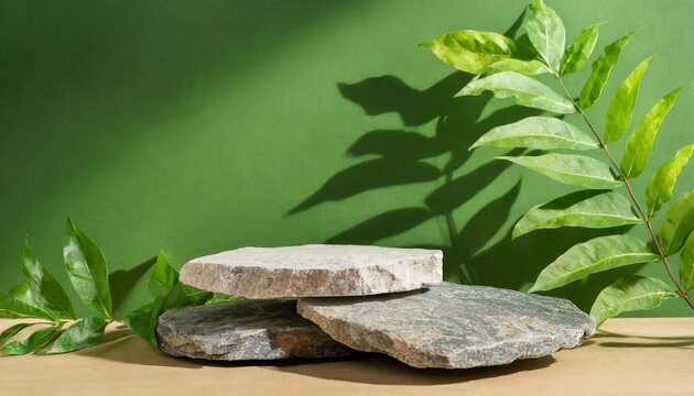 green background podium product platform for nature beauty cosmetic stage scene abstract rock podium pedestal mockup with green leaf shadow photography showcase fresh banner