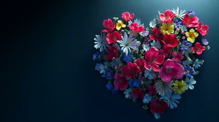 A heart-shaped arrangement of flowers on a blue background 
