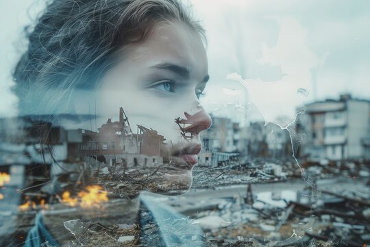 portrait of a young woman against the background of destroyed burning houses. Double exposure. Concept of despair, emptiness, grief. Stop the war