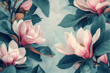 Floral Blossom Beauty: Vintage Magnolia, Pink Petal Bouquet in Dark Blue; Romantic Illustration for Summer Wedding Invitation