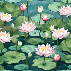 Obraz na płótnie Canvas Seamless pattern with lotus flowers and water lilies.