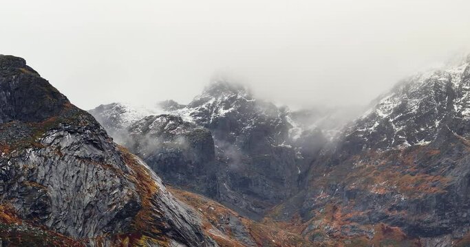 Veiled Titans: Misty Mountain Faces of Lofoten, Norway