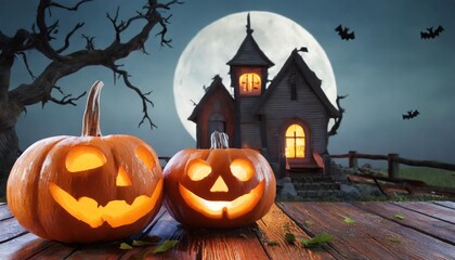halloween pumpkins in front of haunted house 3d render holiday event halloween banner background concept