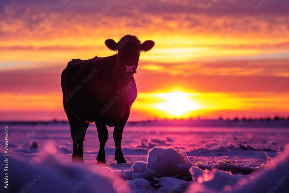 Wall mural vibrant sunset behind a silhouette of a cow on an icy terrain