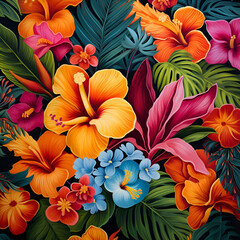 Seamless pattern with tropical hibiscus flowers.  illustration.