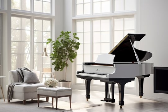 A modern bright living room interior design with grand piano