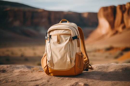 Close up tourist backpack on the rocks against the backdrop of mountains and river. Wellbeing lifestyle, travel and tourism concept with copyspace for text	