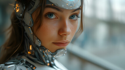 Futuristic Female Cyborg in Robotic Suit, Humanoid Beautiful Woman Droid, Half-Human, Half-Machine Concept for Artificial Intelligence, Sci-Fi, Technology, and Cybernetic Innovation Design.