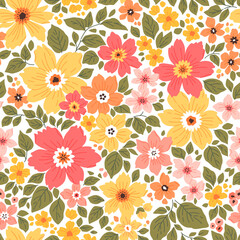 Beautiful floral pattern in small abstract flowers. Small red, coral and yellow flowers. White background. Ditsy print. Floral seamless background. Liberty template for fashion prints. Stock pattern.