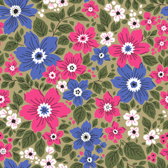 Beautiful floral pattern in small abstract flowers. Small pink, blue and white flowers. Gray green background. Ditsy print. Floral seamless background. Liberty template for fashion prints. Stock.