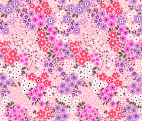 Beautiful floral pattern in small abstract flowers. Small pink, lilac and white flowers. Light pink background. Ditsy print. Floral seamless background. Liberty template for fashion prints. Stock art