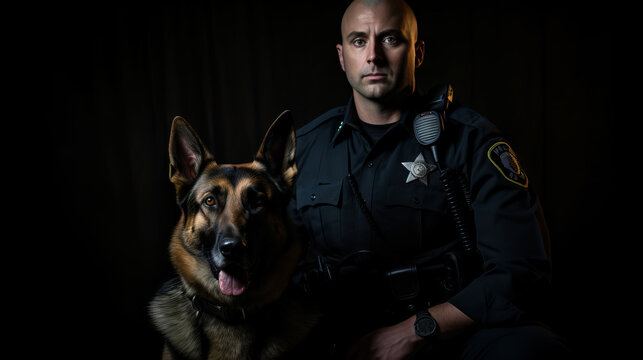Security worker and police dog on a black background.