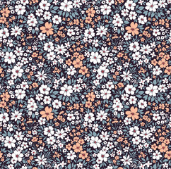 Vector seamless pattern. Vintage pattern in small flowers. Small white and peach color flowers. Dark violet background. Ditsy floral background. Hand drawn flowers. Abstract  modern trendy pattern.