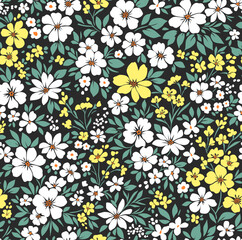 Vector seamless pattern. Vintage pattern in small flowers. Small white and lemon yellow color flowers. Light brown background. Ditsy floral background. Hand drawn flowers. Abstract trendy pattern.