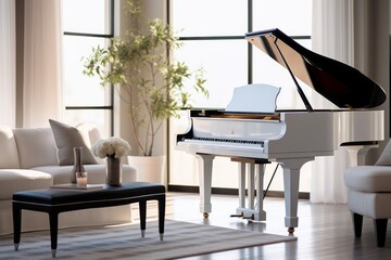A modern living room with minimalist decor, featuring a white grand piano
