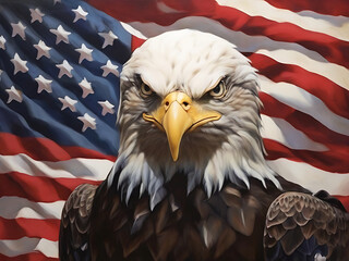 Eagle With American Flag Flies In Freedom, North American Bald Eagle on American flag