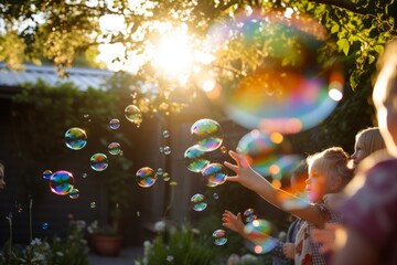 Children playing with soap bubbles wands outdoor - obrazy, fototapety, plakaty