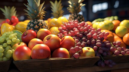closeup of a fruit stall with fresh fruits. Healthy nutrients fruits. Small business concept.