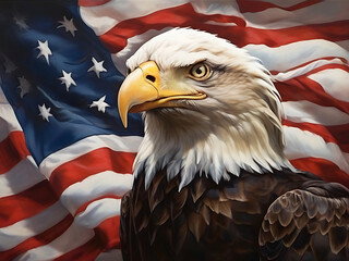 Naklejka premium Eagle With American Flag Flies In Freedom, North American Bald Eagle on American flag