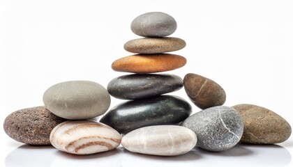 Fototapeta na wymiar pyramid of various sea pebbles pyramid of balanced stones isolated on white background concept harmony life balance and meditation