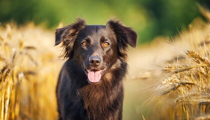 dark brown dog walking in the gold spikelets
