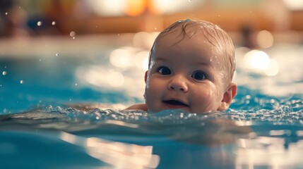 Joyful toddler playing in the refreshing blue swimming pool during a fun family vacation, radiating happiness and laughter, Be healthy and happy.