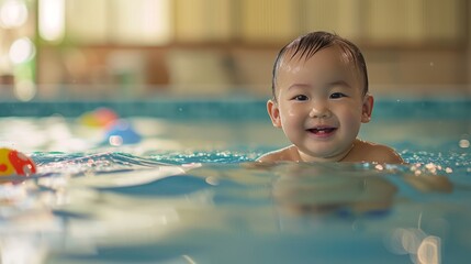 Joyful toddler playing in the refreshing blue swimming pool during a fun family vacation, radiating happiness and laughter, Be healthy and happy.