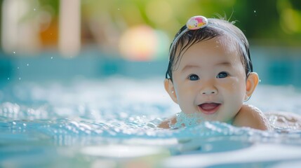 Joyful toddler playing in the refreshing blue swimming pool during a fun family vacation, radiating happiness and laughter, Be healthy and happy.
