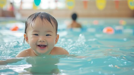 Joyful toddler playing in the refreshing blue swimming pool during a fun family vacation, radiating happiness and laughter, Be healthy and happy.