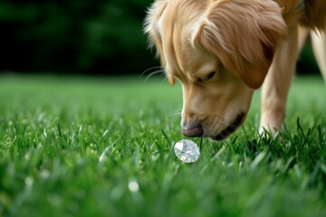 dog sniffing a diamond on a grassy lawn