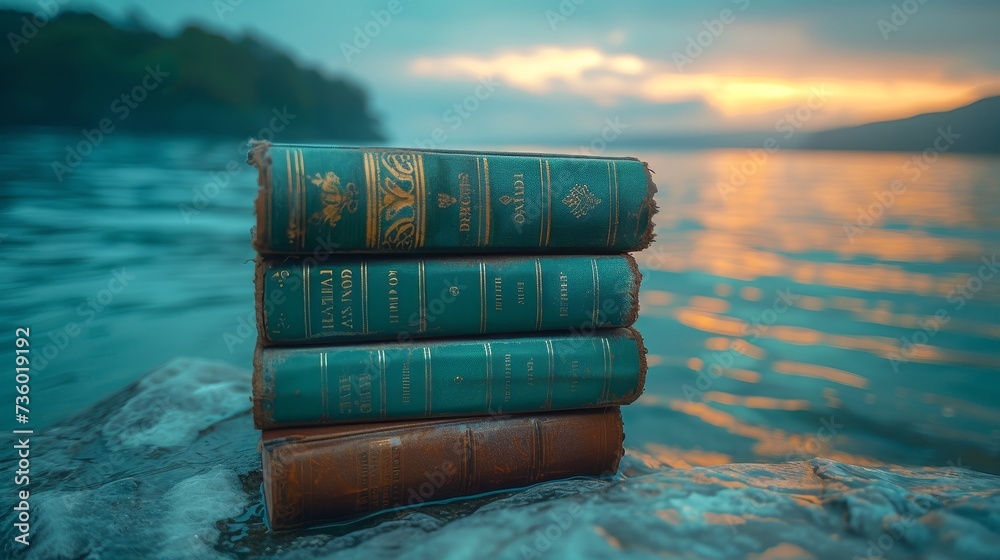 Poster seascape background with book stacks. world book day concept.