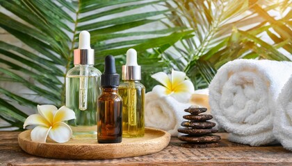 Fototapeta na wymiar bottles on the background of the spa room skin care serum or natural cosmetics with essential oil face and body beauty concept spa concept place for text