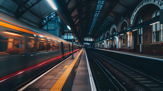 Photo of a busy train station with motion blur of moving people