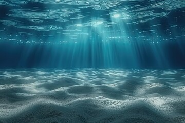 Tranquil depths of ocean stunning captures serene beauty of sunlight filtering through clear turquoise water illuminating sandy bottom of underwater paradise sun rays like liquid sea floor - obrazy, fototapety, plakaty