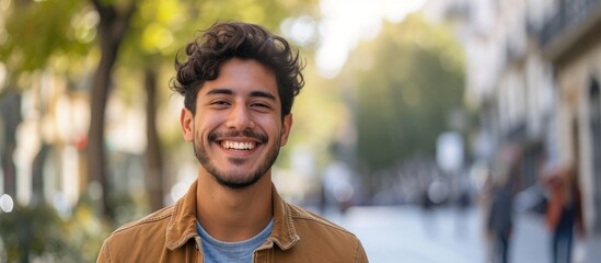Joyful man smiling with happiness standing on urban sidewalk in the city
