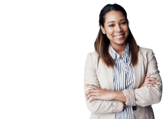 Professional, agent and portrait of woman with arms crossed in isolated, transparent or png background. Real estate, consultant and entrepreneur with confidence, pride and realtor with happiness
