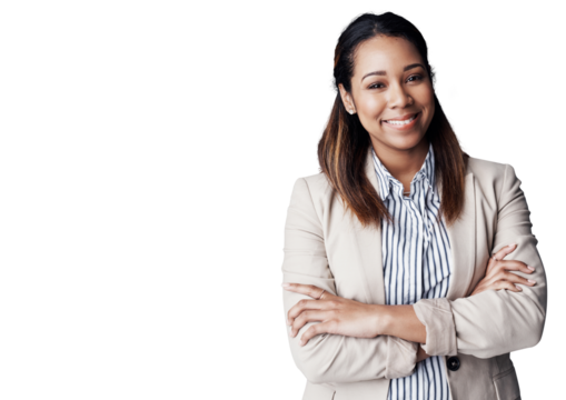 Professional, agent and portrait of woman with arms crossed in isolated, transparent or png background. Real estate, consultant and entrepreneur with confidence, pride and realtor with happiness