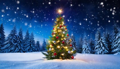 Fototapeta na wymiar christmas tree in the winter forest 3d illustration festive background christmas background with christmas tree snow and stars beautiful christmas night
