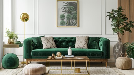 Classic luxury interior with dark green sofa, pillows, paintings on empty wall and table in front