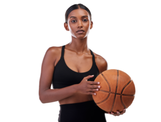 Woman, basketball for sports in portrait and exercise with workout and body on png transparent background. Fitness, training for game or competition for health, wellness and confident Indian athlete