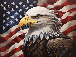 Naklejka premium Eagle With American Flag Flies In Freedom, North American Bald Eagle on American flag