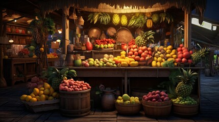  A beautiful fruit stall at night. Small business concept  - obrazy, fototapety, plakaty
