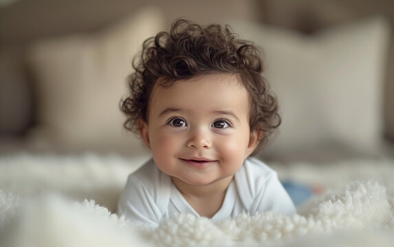 A photograph of a multiracial baby lying on top of a white blanket.