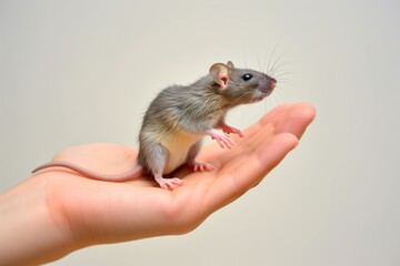 rat sitting in a persons open palm against a plain background