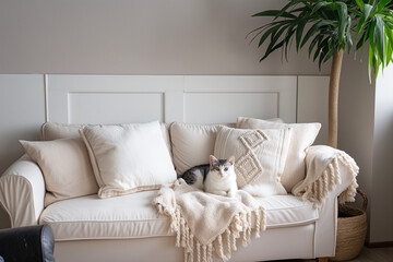 Lazy white cat on the sofa in the living room and cute