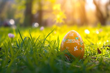 colorful easter egg closeup on green grass on a bright sunny day, concept of celebrating easter and searching for easter eggs with copyspace - obrazy, fototapety, plakaty